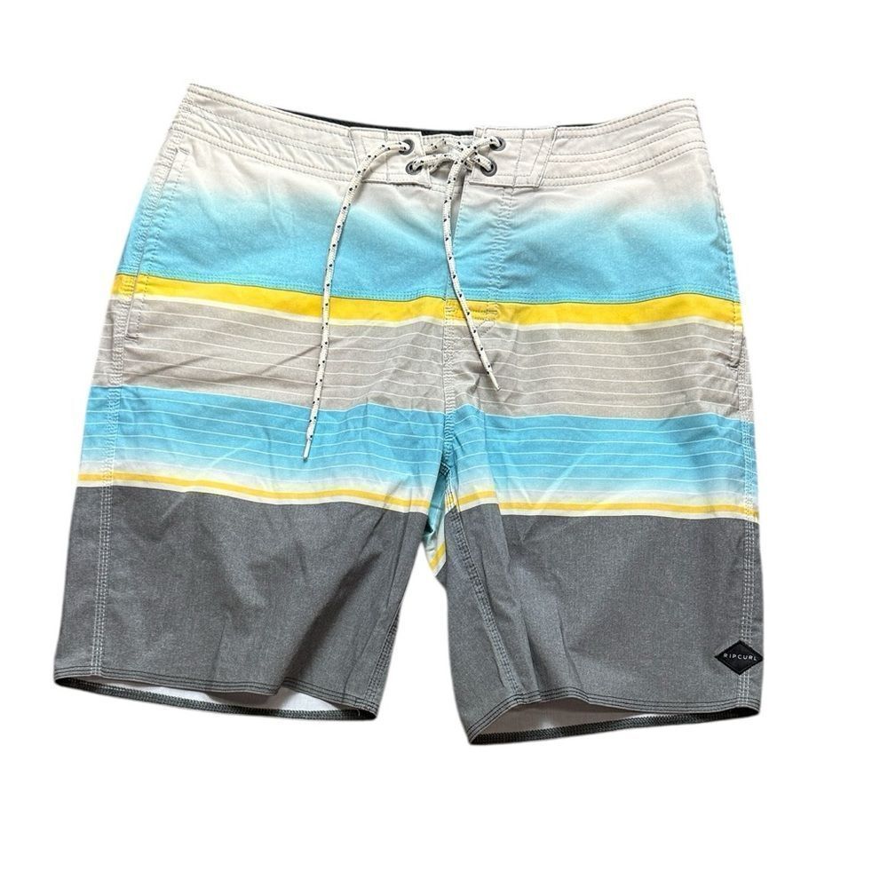 Rip Curl Gray, Blue & Yellow Striped Board Shorts